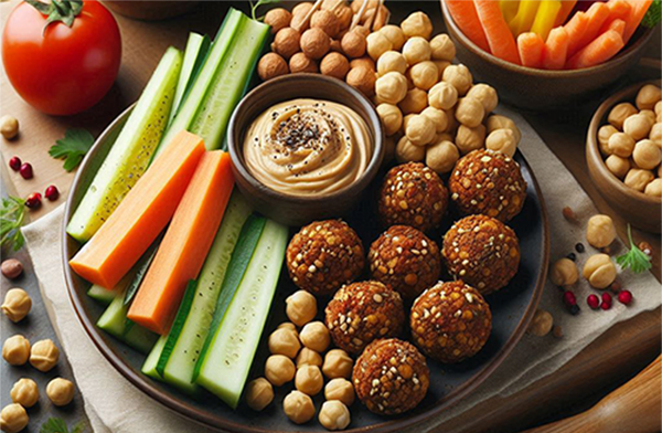 chickpea energyballs veggie sticks and hummus