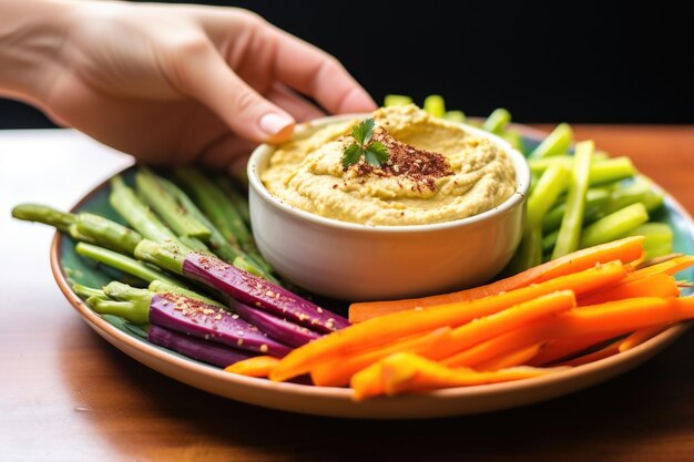 hand holding plate colorful veggie sticks hummus 419341 99059