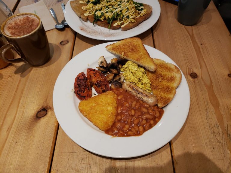 Vegan breakfast plate with tofu scramble, beans, mushrooms and toast